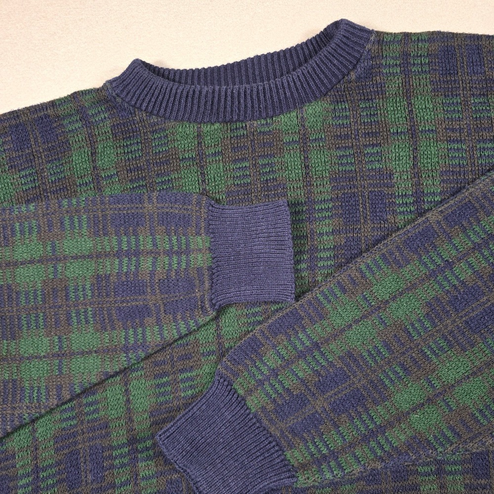 Sutter & Grant Mens XLT Blue Green Sweater Crewneck Plaid Cotton Knit Tall